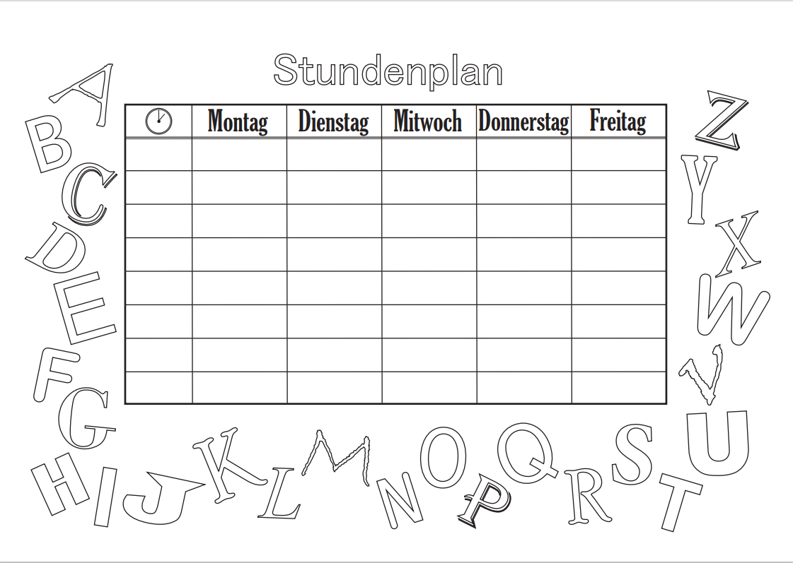 Malvorlage-Stundenplan, Schule, kostenlos Ausdrucken, PDF, ausmalen, Kinder, abc