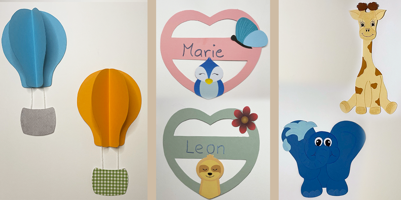 Basteln_Kinderzimmer basteln mit Tonpapier, Deko, 3D-Heißliftballon, Namensschil, Giraffe, Elepfant